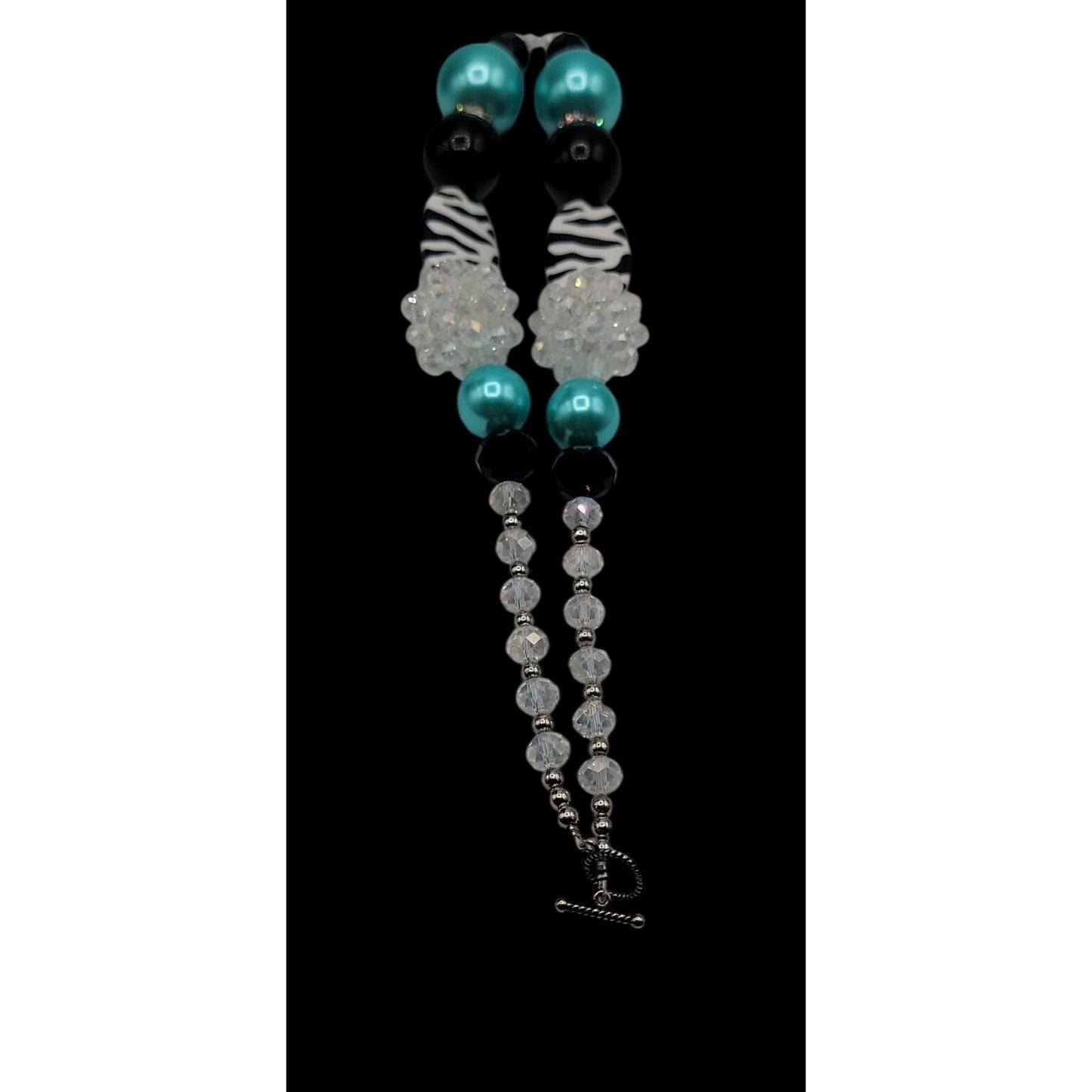 Chunky Zebra Statement Necklace Blue Black White Striped Beads w/Crystals 20"