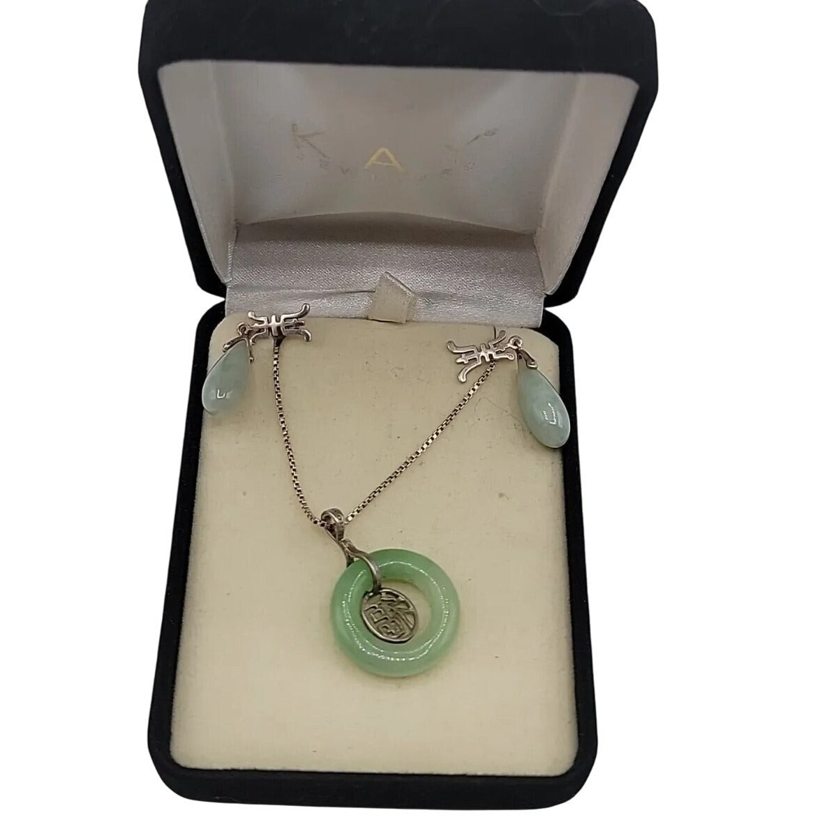 Sterling Silver Jade Fortune Necklace & Earrings Set in Kay Jewelers Box 17”