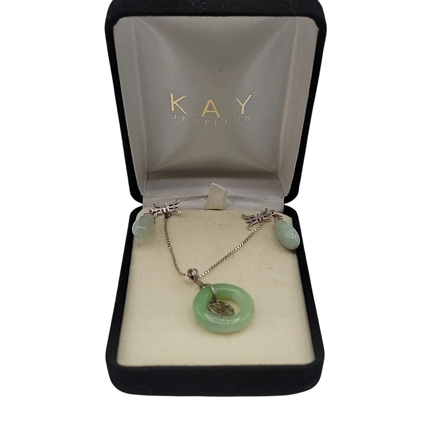 Sterling Silver Jade Fortune Necklace & Earrings Set in Kay Jewelers Box 17”