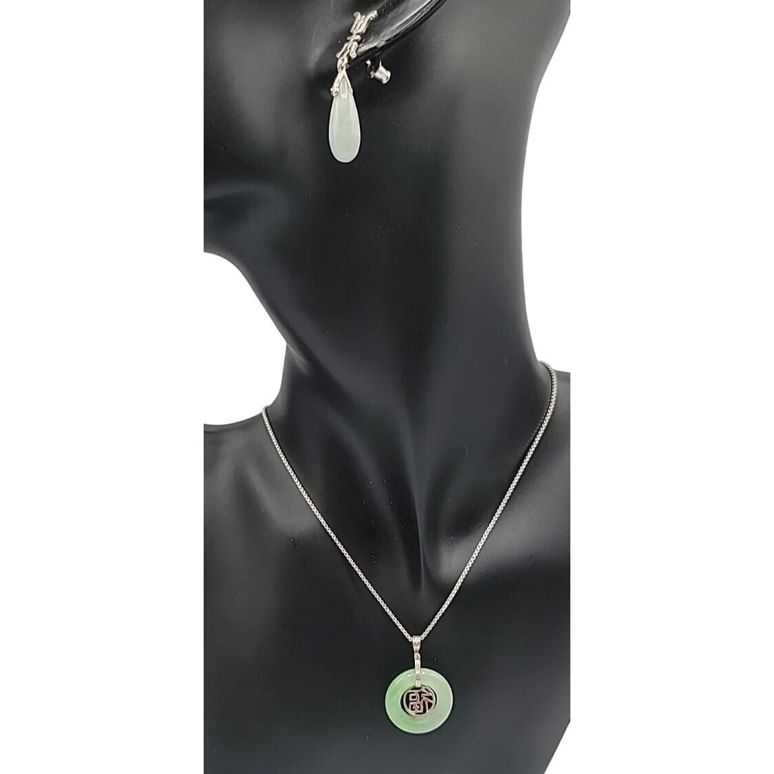 Sterling Silver Jade Fortune Necklace & Earrings Set in Kay Jewelers Box 17”