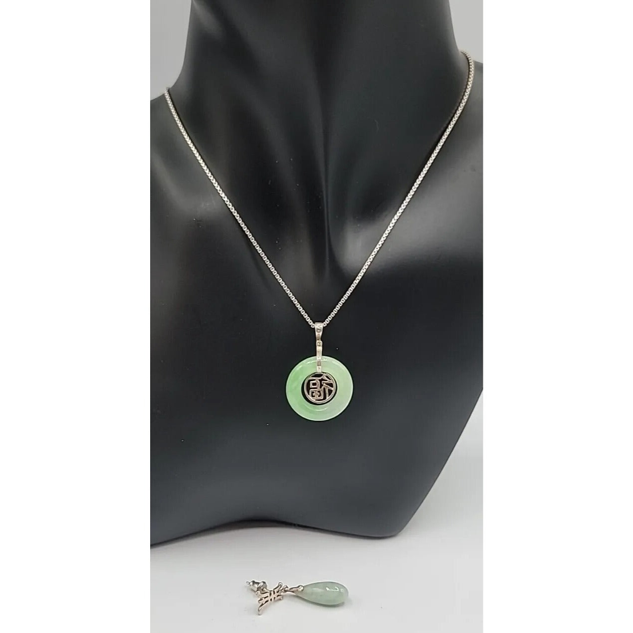 Sterling Silver Jade Fortune Necklace & Earrings Set in Kay Jewelers Box 17”