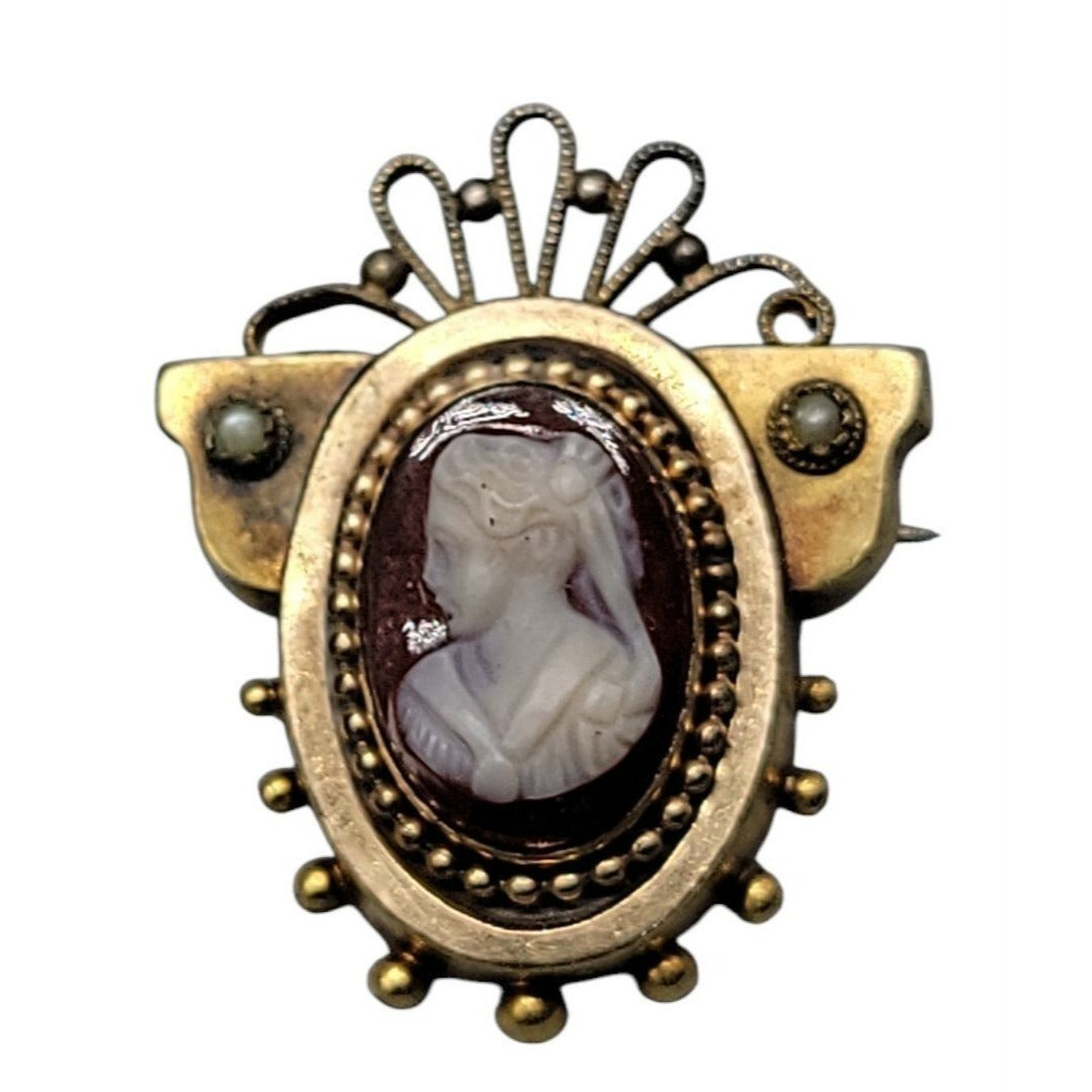 Antique Victorian Carnelian Carved Cameo Brooch Gold Plated Seed Pearl Accents