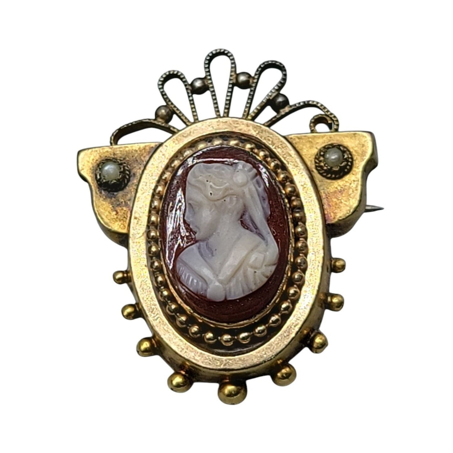Antique Victorian Carnelian Carved Cameo Brooch Gold Plated Seed Pearl Accents