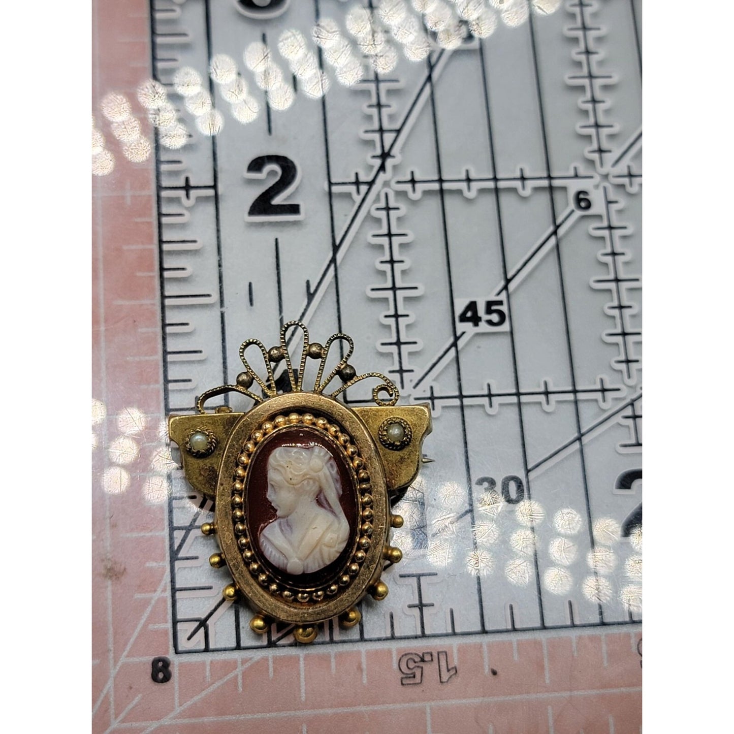 Antique Victorian Carnelian Carved Cameo Brooch Gold Plated Seed Pearl Accents