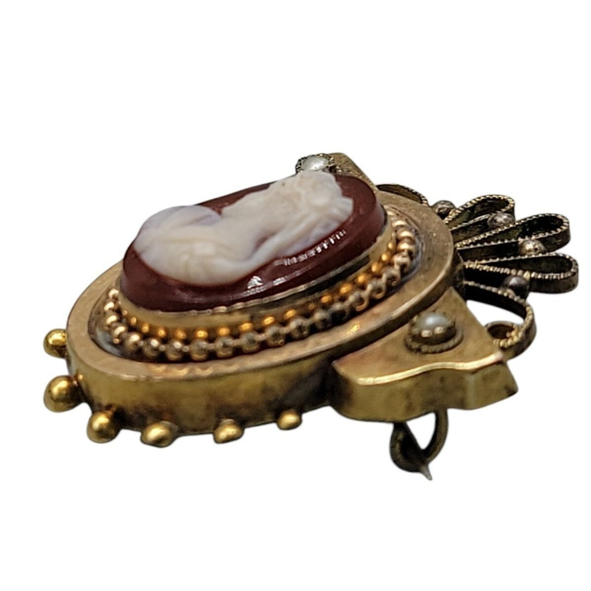 Antique Victorian Carnelian Carved Cameo Brooch Gold Plated Seed Pearl Accents