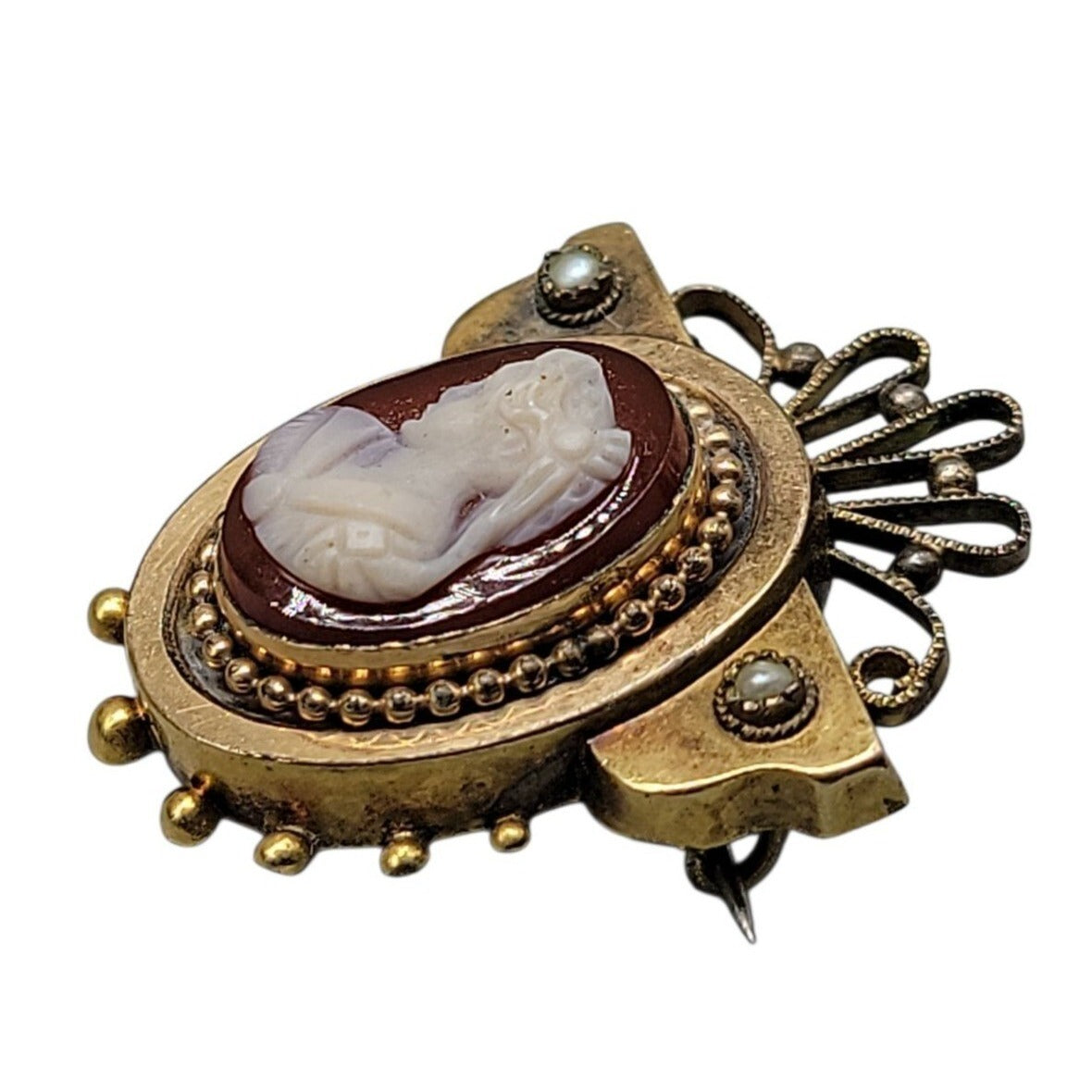 Antique Victorian Carnelian Carved Cameo Brooch Gold Plated Seed Pearl Accents
