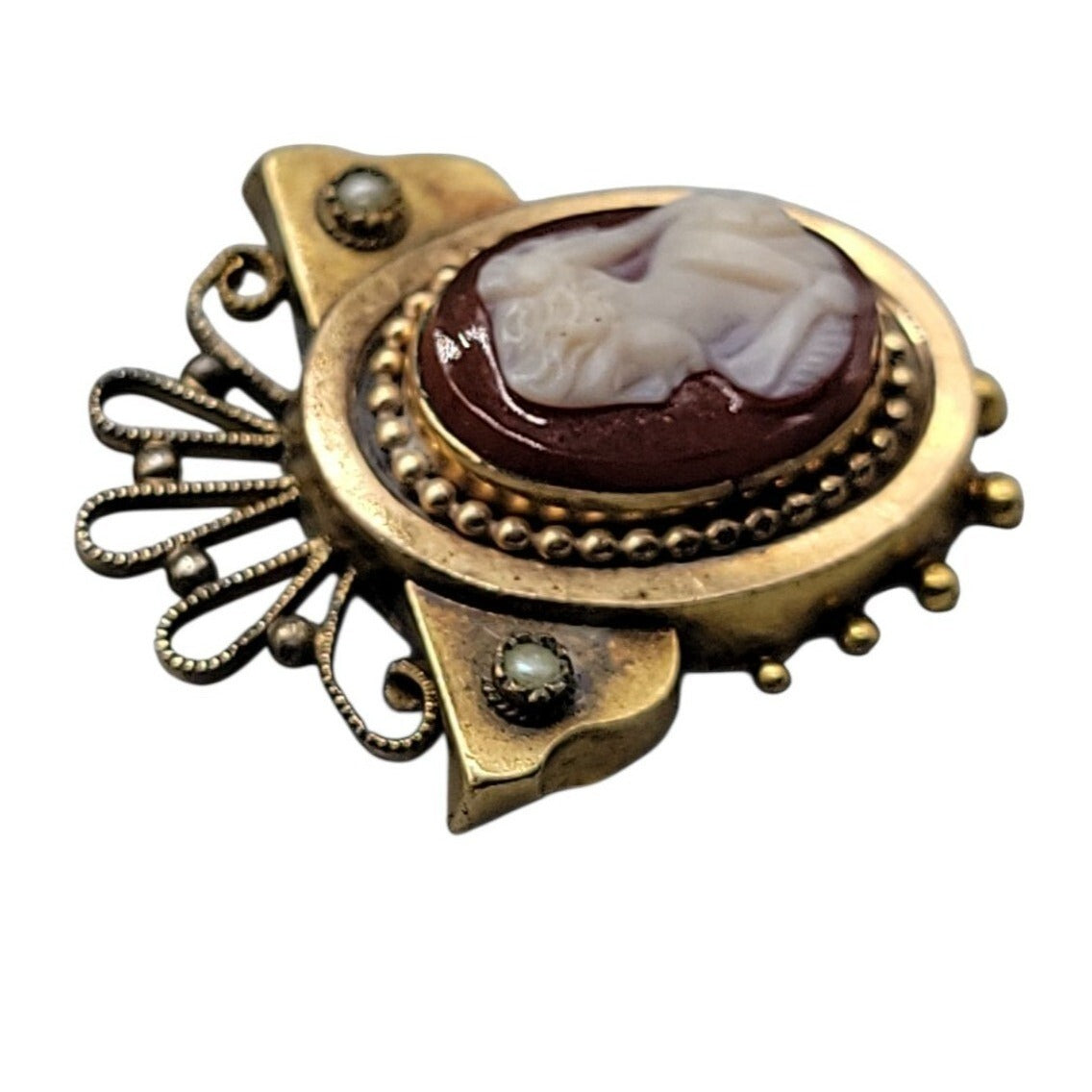 Antique Victorian Carnelian Carved Cameo Brooch Gold Plated Seed Pearl Accents