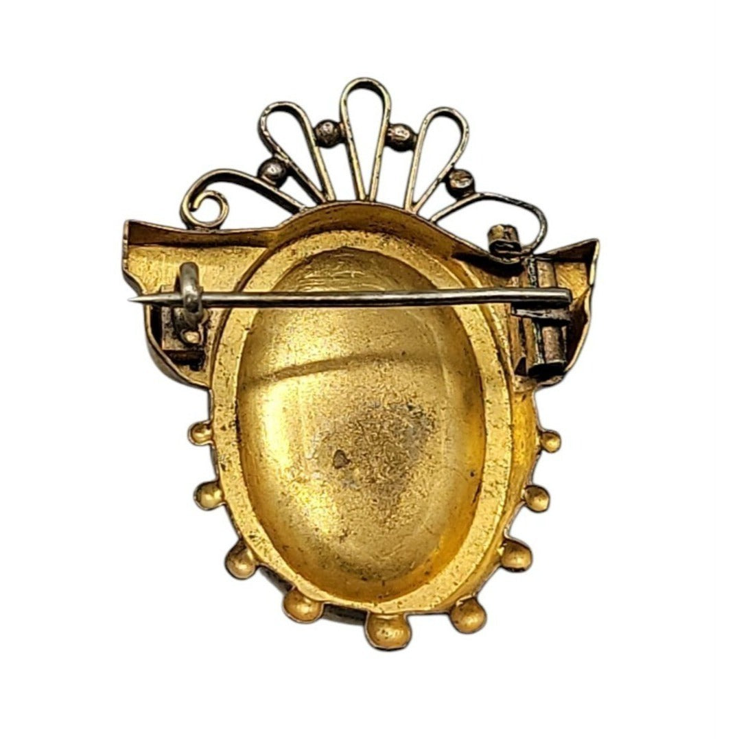 Antique Victorian Carnelian Carved Cameo Brooch Gold Plated Seed Pearl Accents