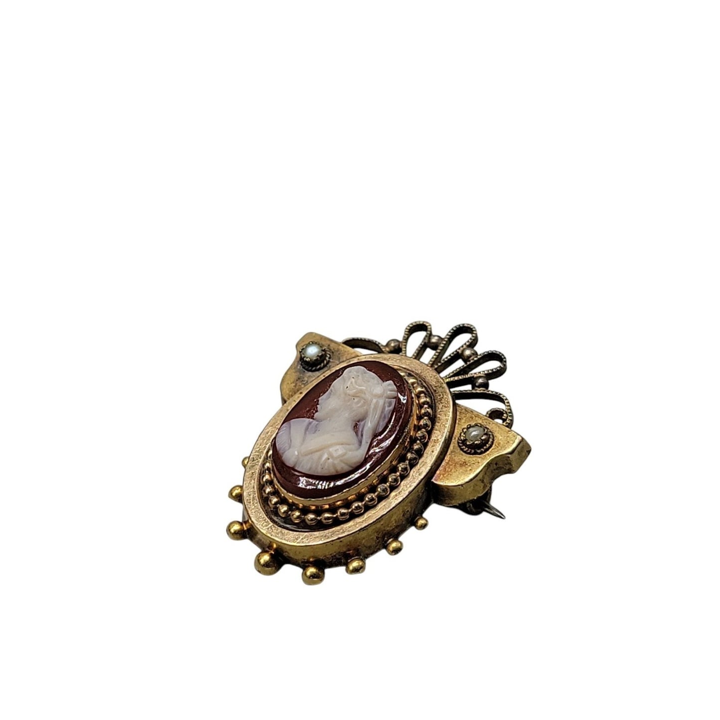 Antique Victorian Carnelian Carved Cameo Brooch Gold Plated Seed Pearl Accents