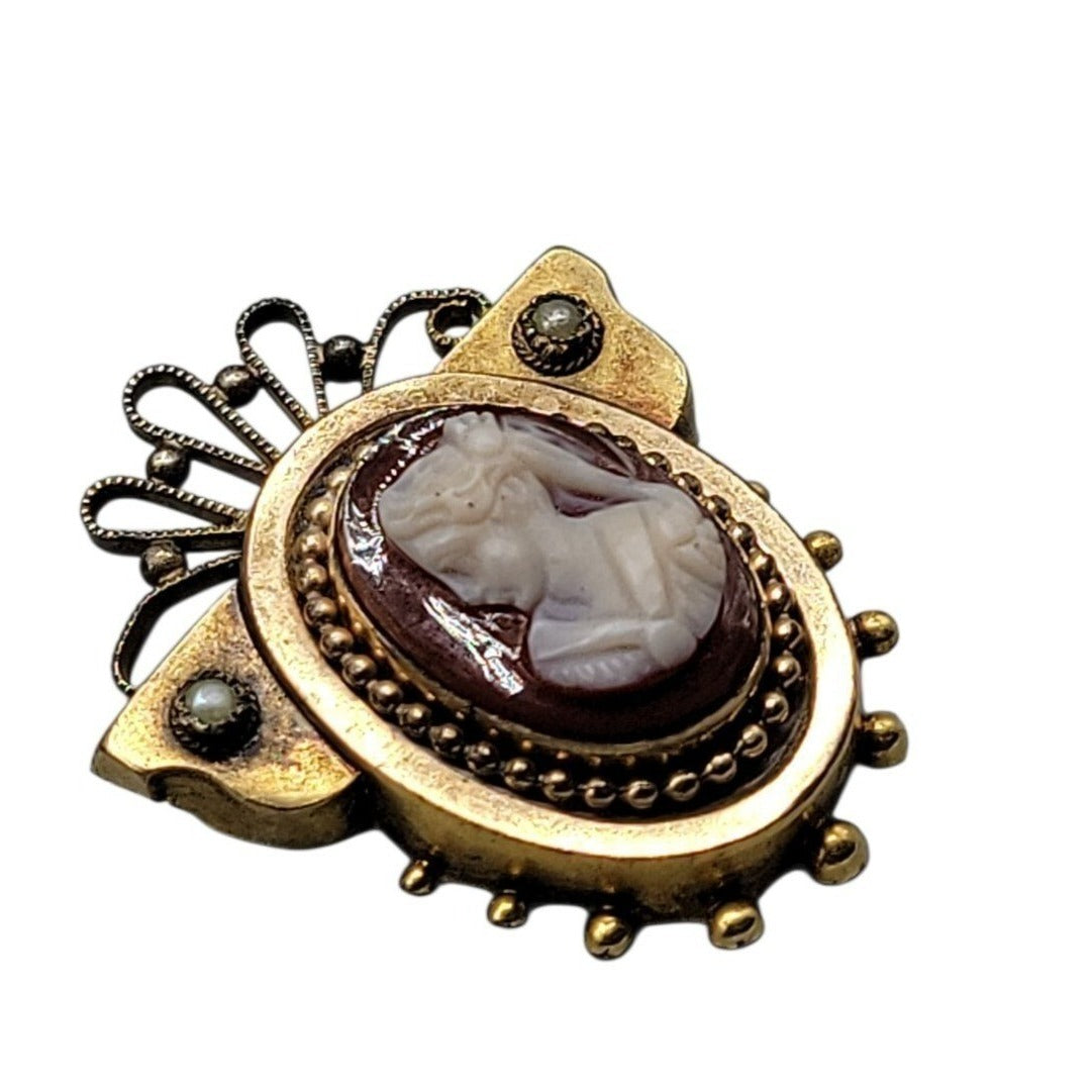 Antique Victorian Carnelian Carved Cameo Brooch Gold Plated Seed Pearl Accents