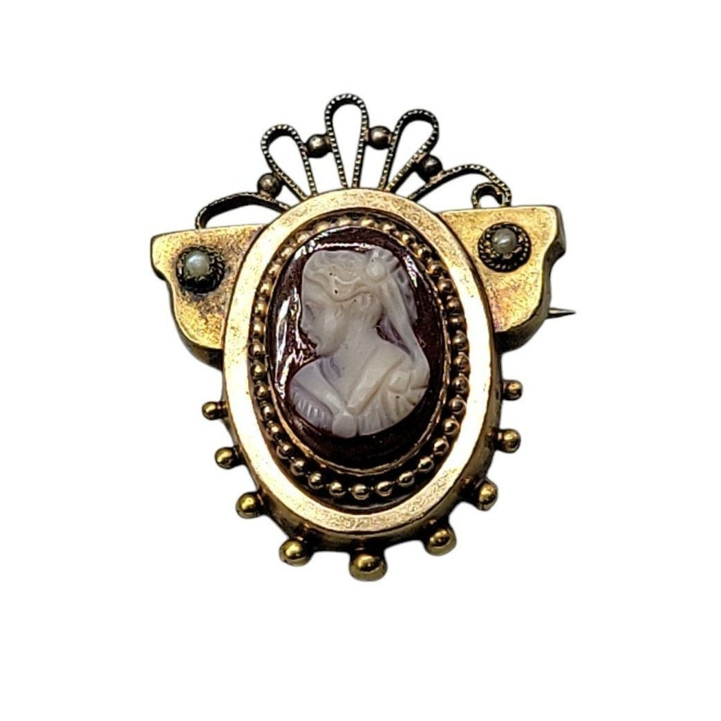 Antique Victorian Carnelian Carved Cameo Brooch Gold Plated Seed Pearl Accents