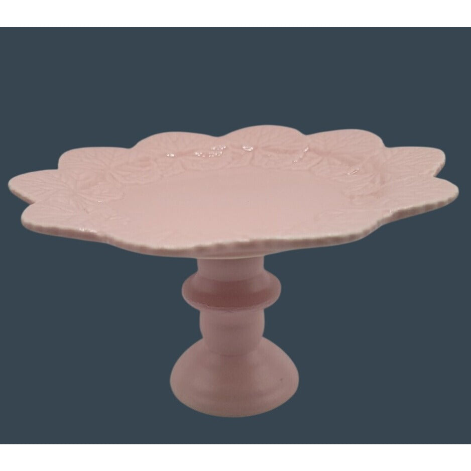 Vtg Pink Ceramic Cake Stand 2-Piece Removable Top Scalloped Floral Relief 7.5"