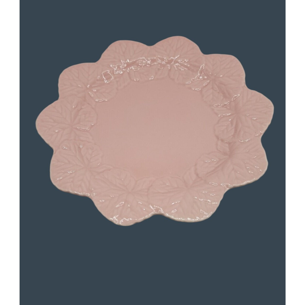 Vtg Pink Ceramic Cake Stand 2-Piece Removable Top Scalloped Floral Relief 7.5"