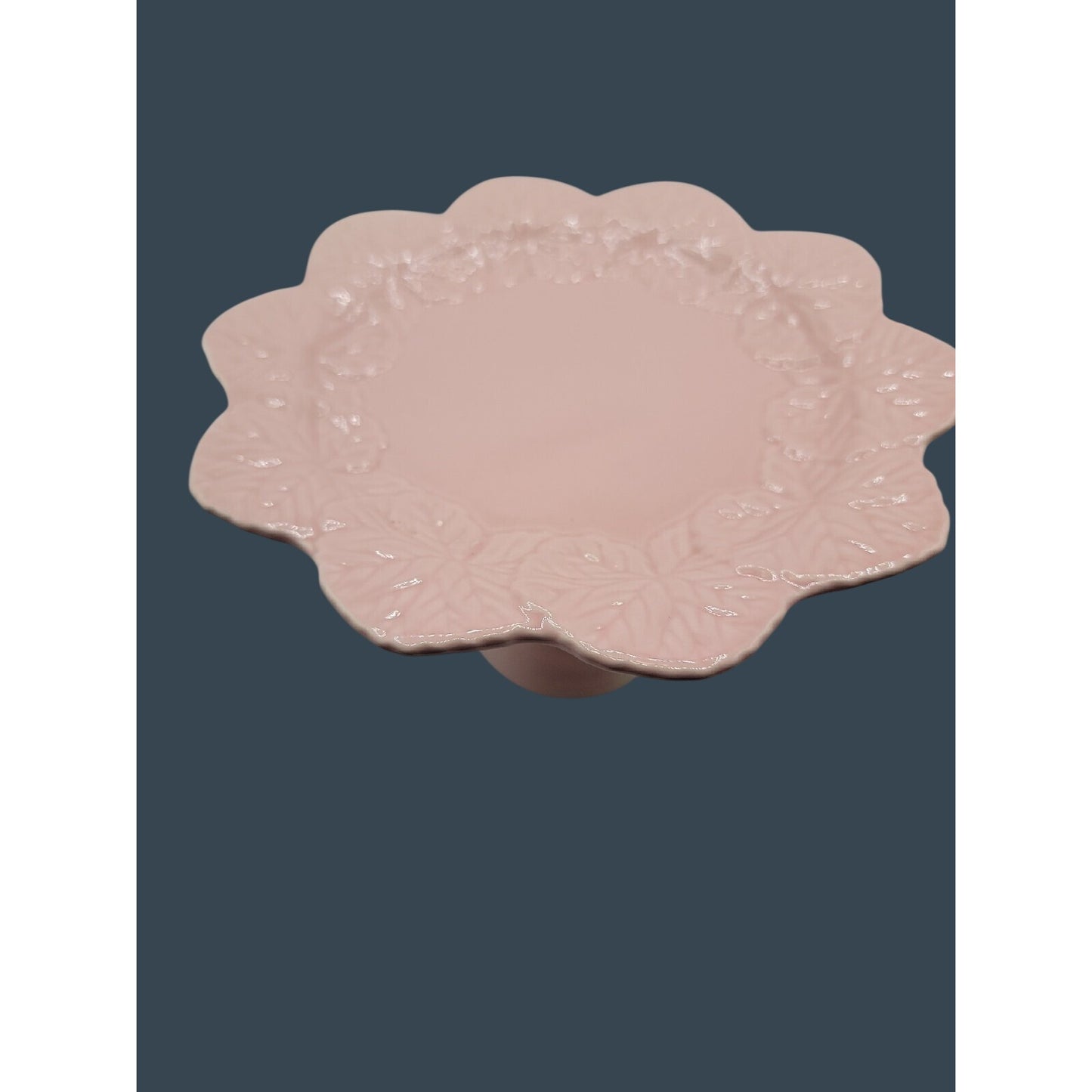 Vtg Pink Ceramic Cake Stand 2-Piece Removable Top Scalloped Floral Relief 7.5"