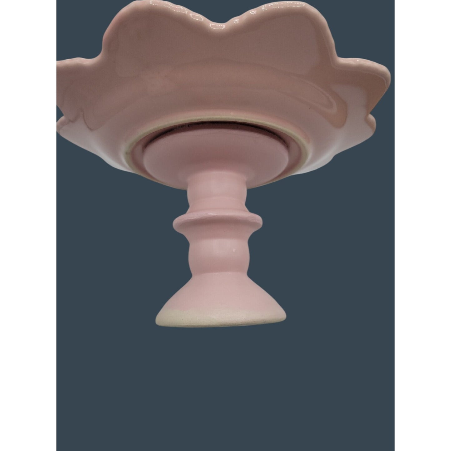 Vtg Pink Ceramic Cake Stand 2-Piece Removable Top Scalloped Floral Relief 7.5"