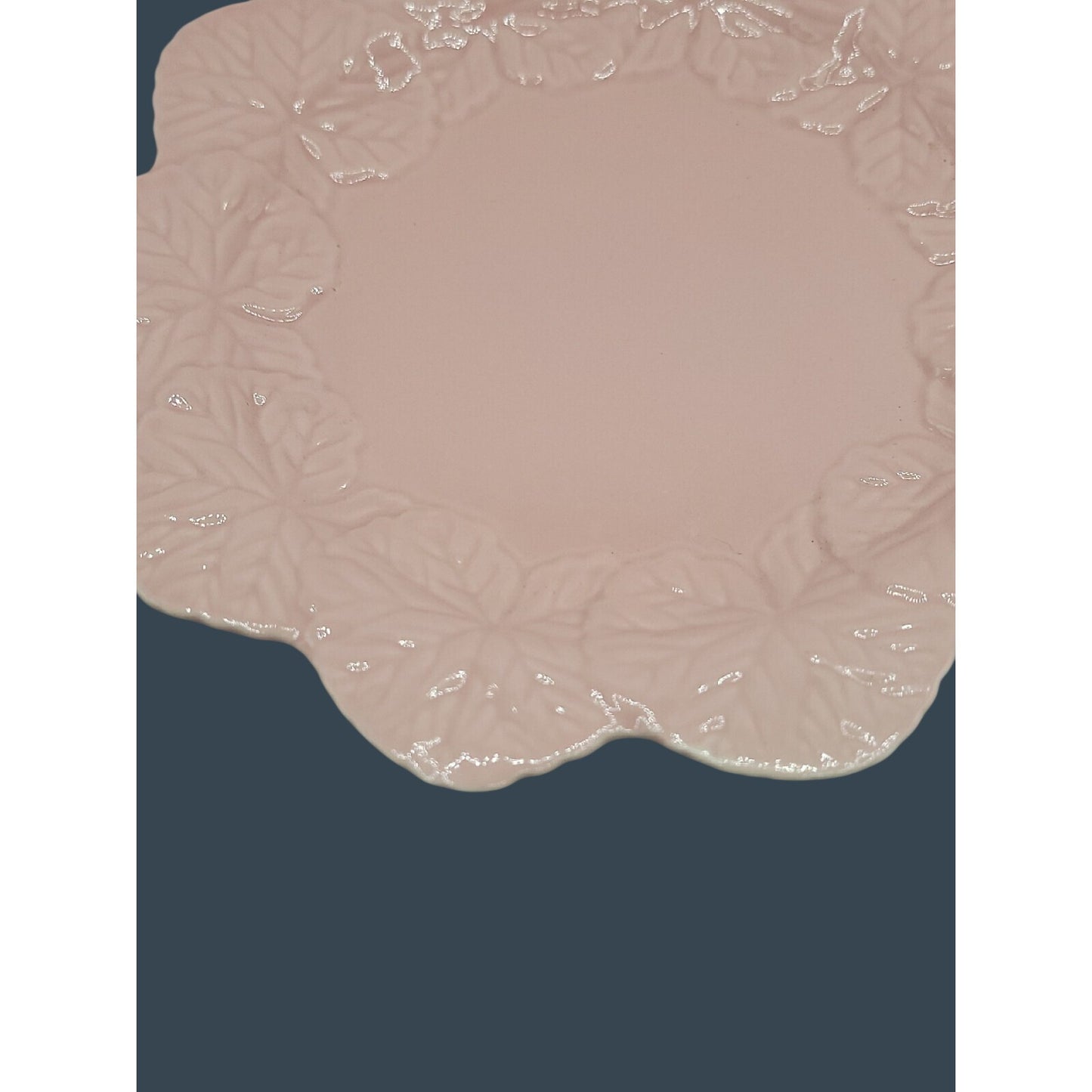 Vtg Pink Ceramic Cake Stand 2-Piece Removable Top Scalloped Floral Relief 7.5"