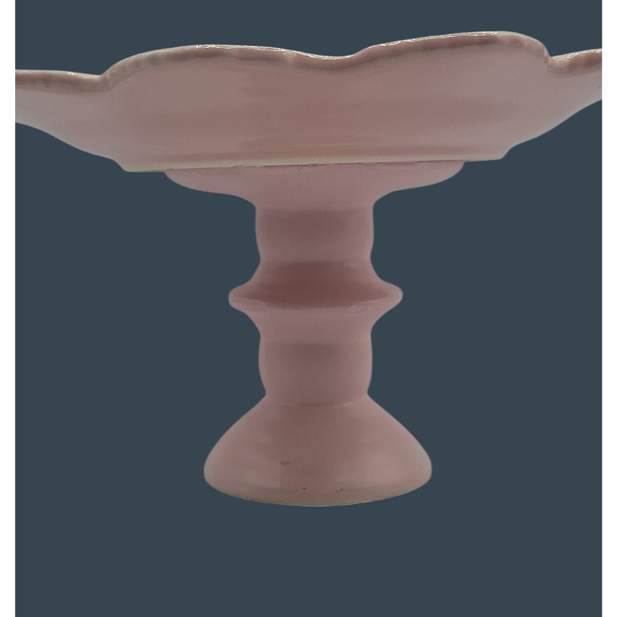 Vtg Pink Ceramic Cake Stand 2-Piece Removable Top Scalloped Floral Relief 7.5"