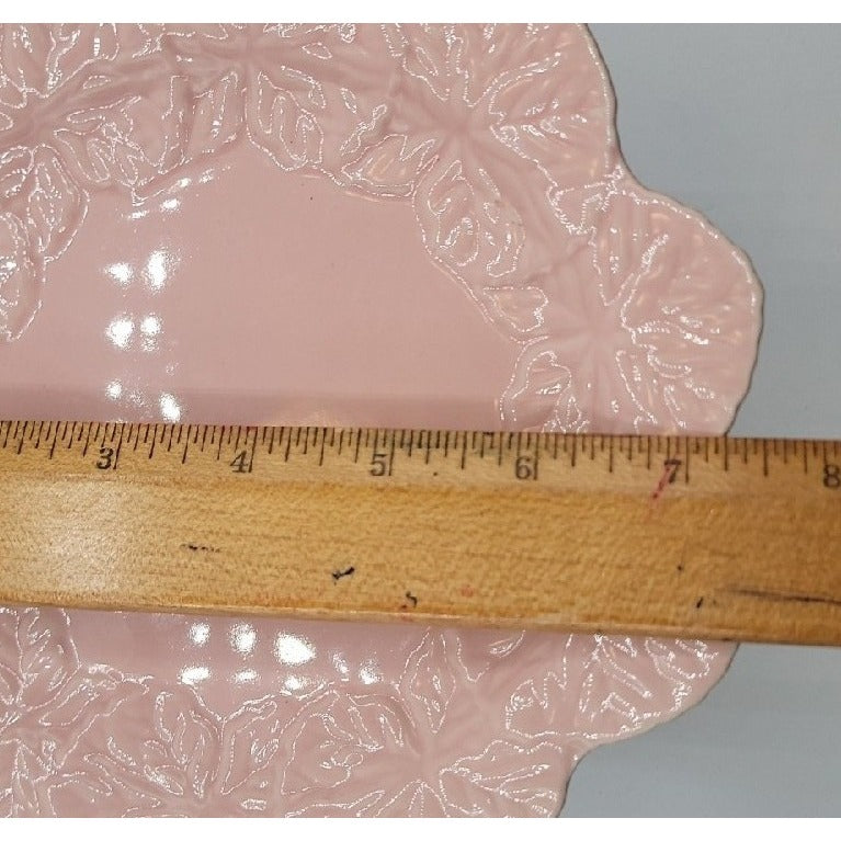 Vtg Pink Ceramic Cake Stand 2-Piece Removable Top Scalloped Floral Relief 7.5"