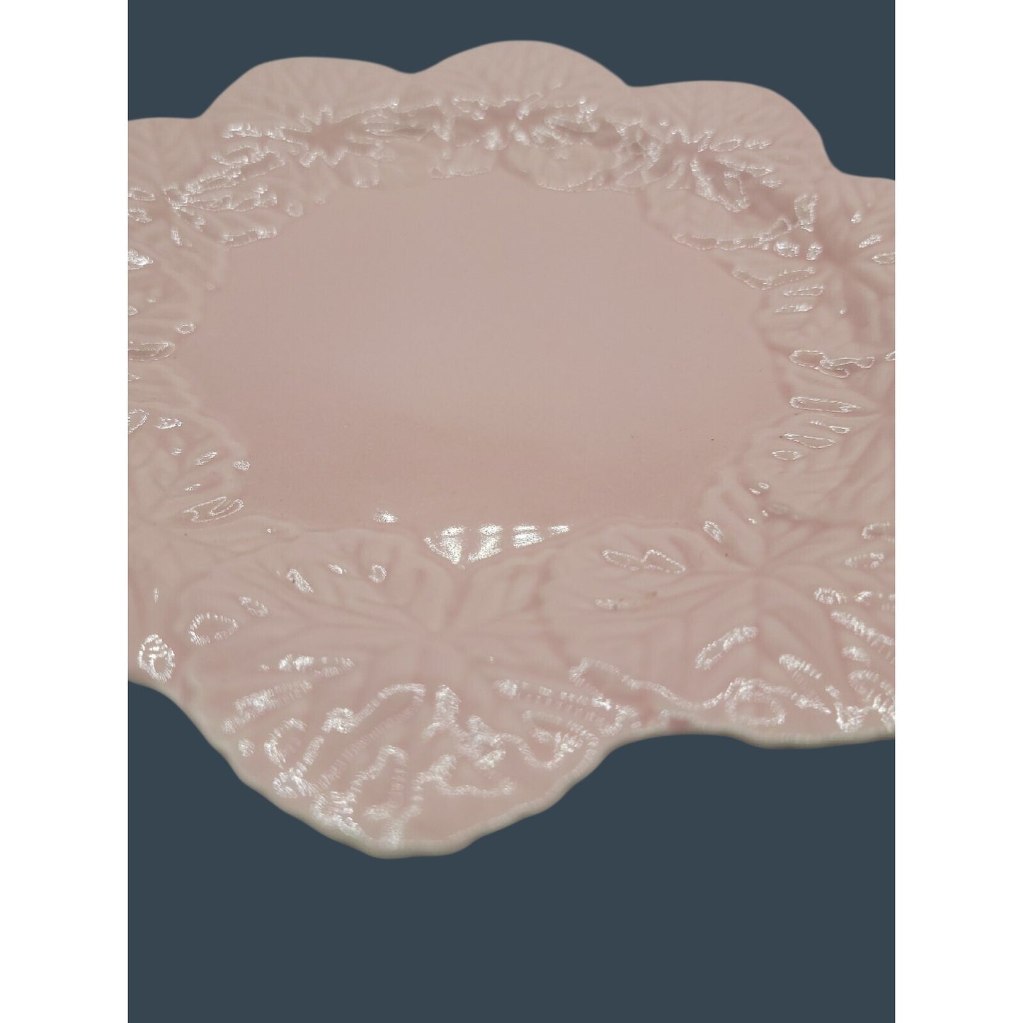 Vtg Pink Ceramic Cake Stand 2-Piece Removable Top Scalloped Floral Relief 7.5"