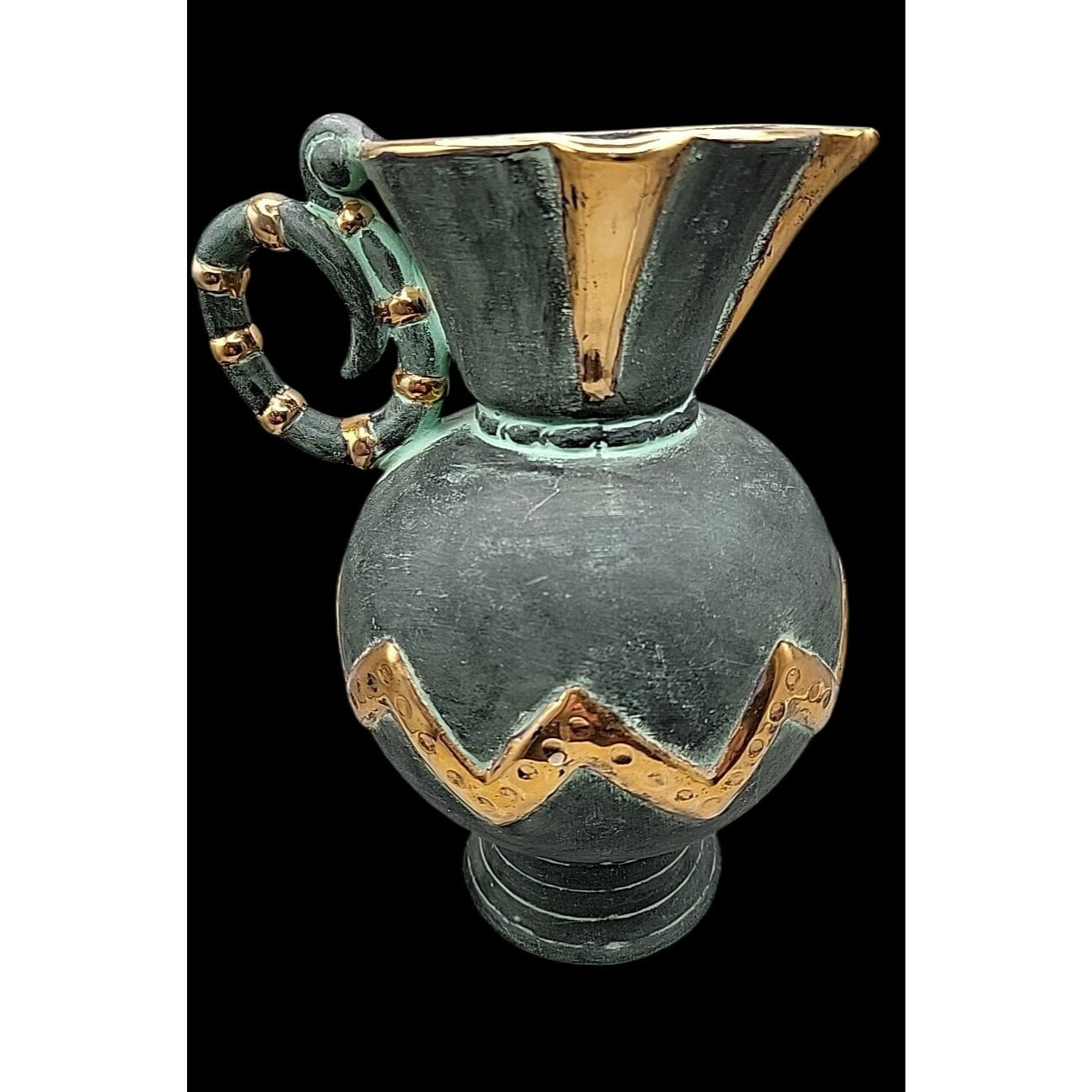 Vtg Stewarts Spain Art Pottery Pitcher Vase Verdigris Green Gold Geometric N1