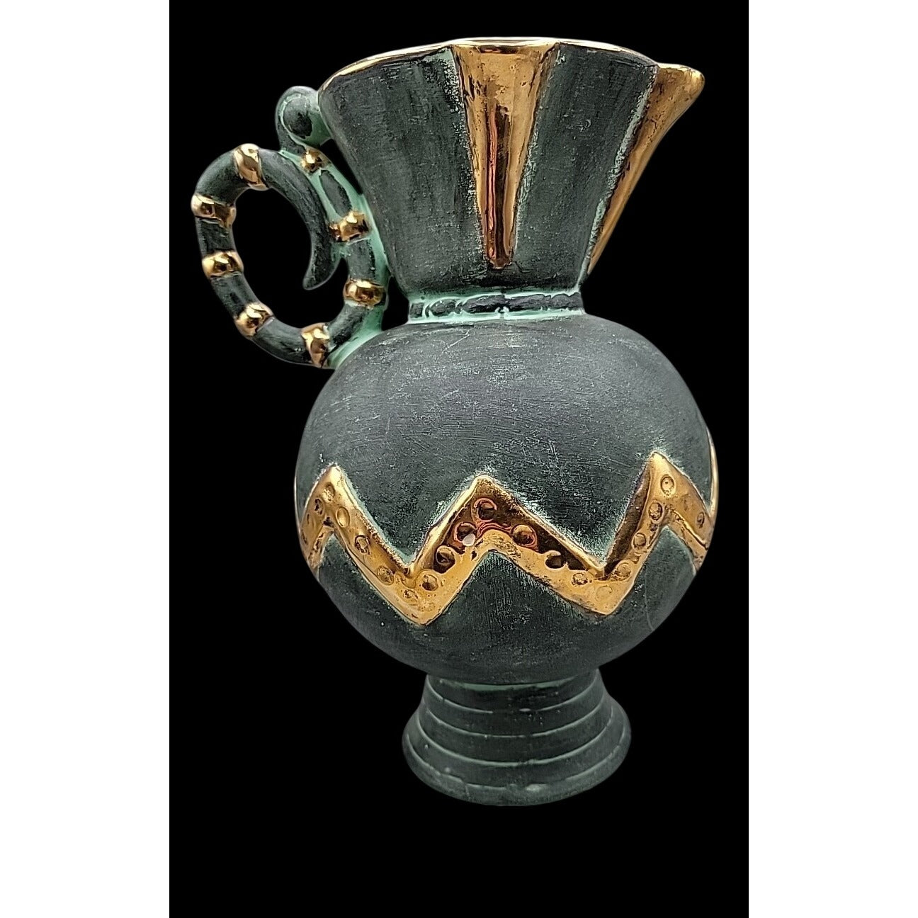 Vtg Stewarts Spain Art Pottery Pitcher Vase Verdigris Green Gold Geometric N1