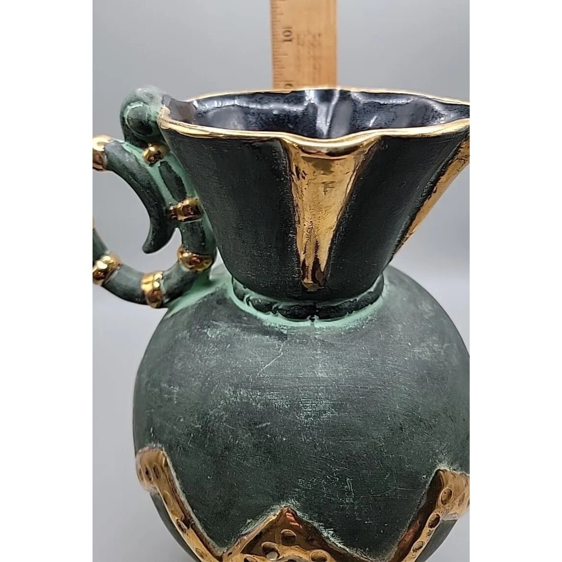 Vtg Stewarts Spain Art Pottery Pitcher Vase Verdigris Green Gold Geometric N1