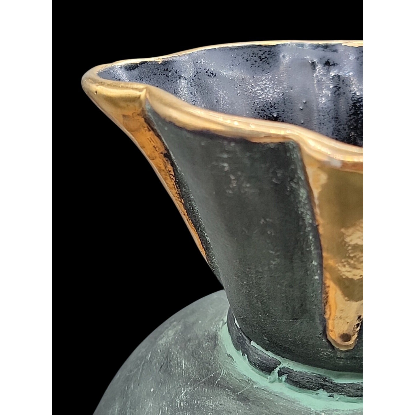 Vtg Stewarts Spain Art Pottery Pitcher Vase Verdigris Green Gold Geometric N1