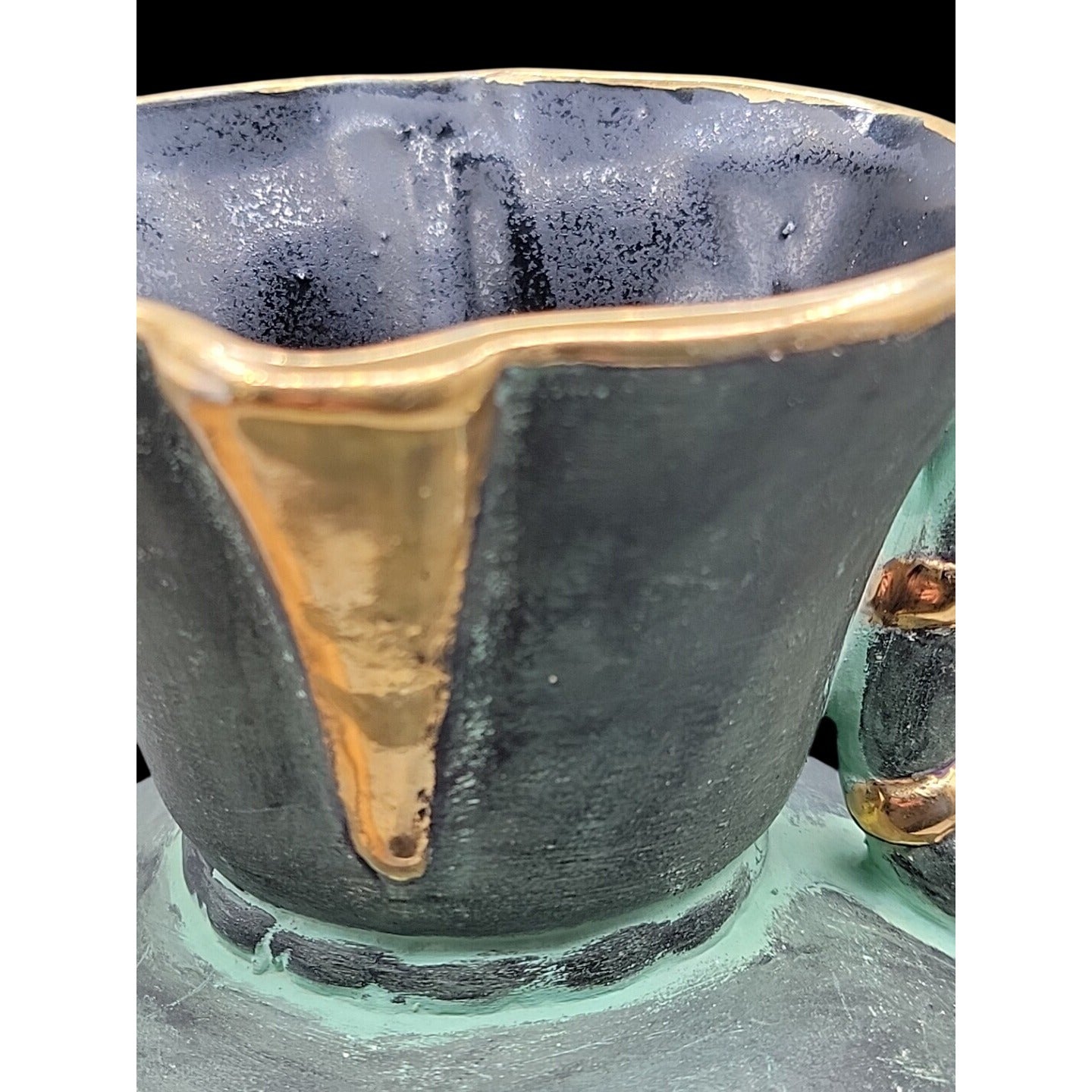 Vtg Stewarts Spain Art Pottery Pitcher Vase Verdigris Green Gold Geometric N1