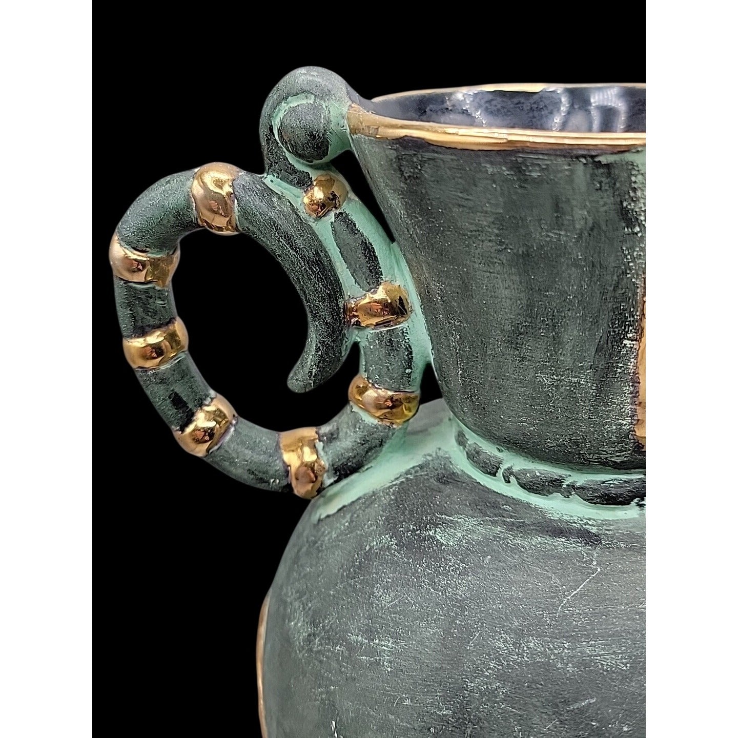 Vtg Stewarts Spain Art Pottery Pitcher Vase Verdigris Green Gold Geometric N1
