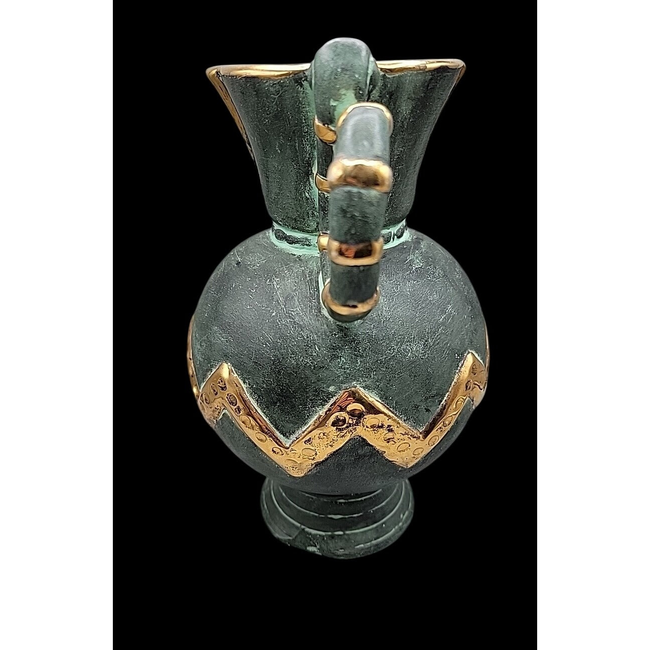 Vtg Stewarts Spain Art Pottery Pitcher Vase Verdigris Green Gold Geometric N1