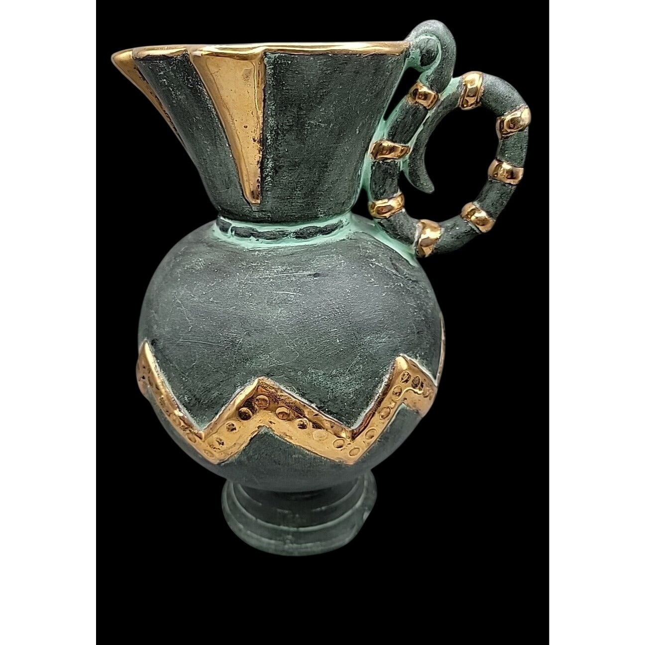 Vtg Stewarts Spain Art Pottery Pitcher Vase Verdigris Green Gold Geometric N1