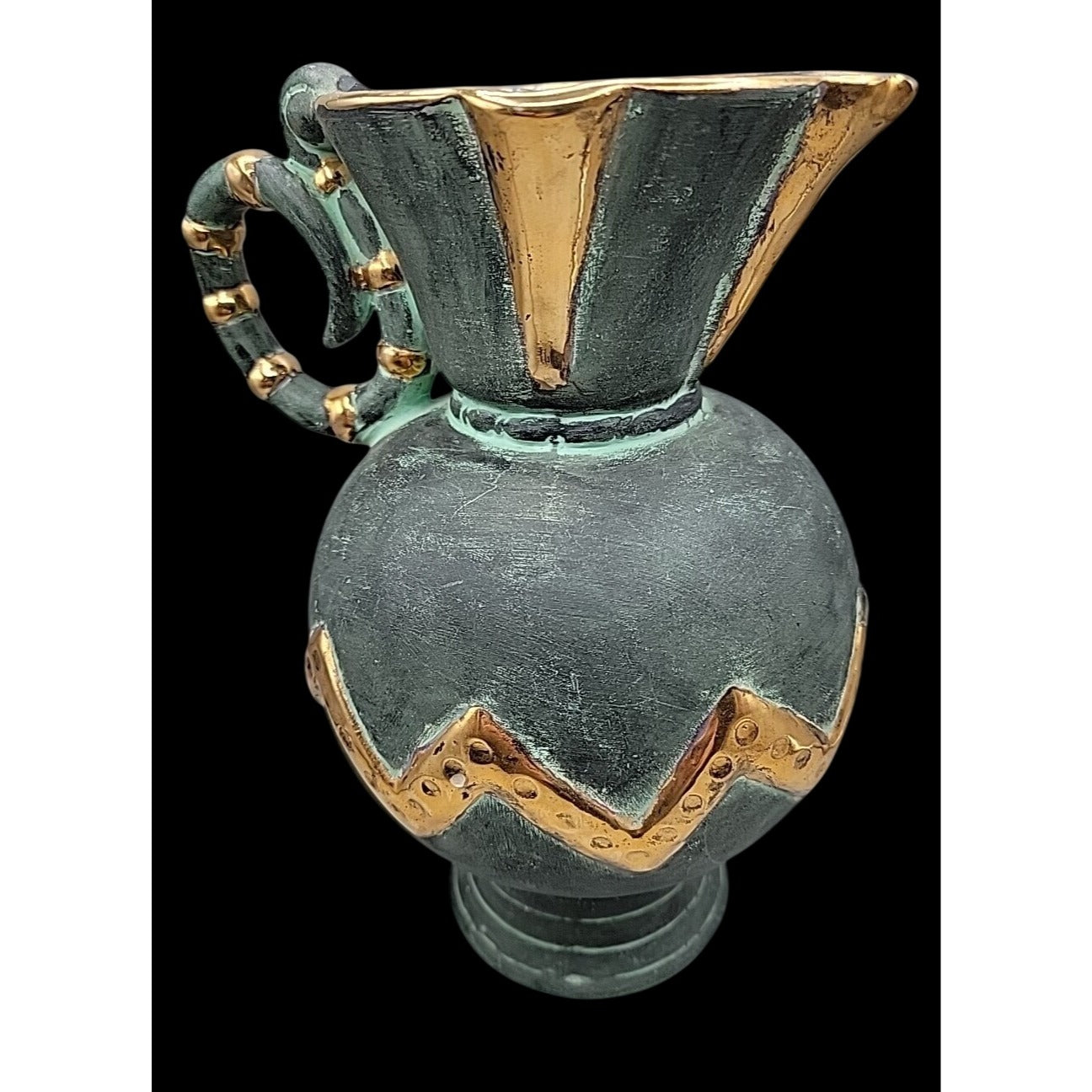 Vtg Stewarts Spain Art Pottery Pitcher Vase Verdigris Green Gold Geometric N1