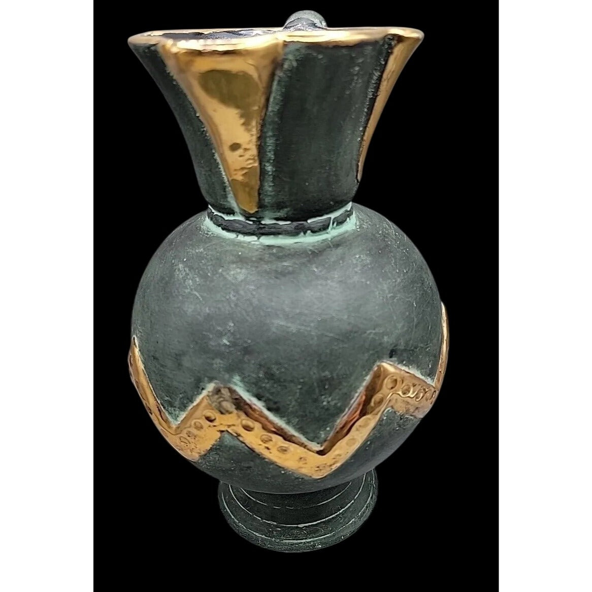 Vtg Stewarts Spain Art Pottery Pitcher Vase Verdigris Green Gold Geometric N1