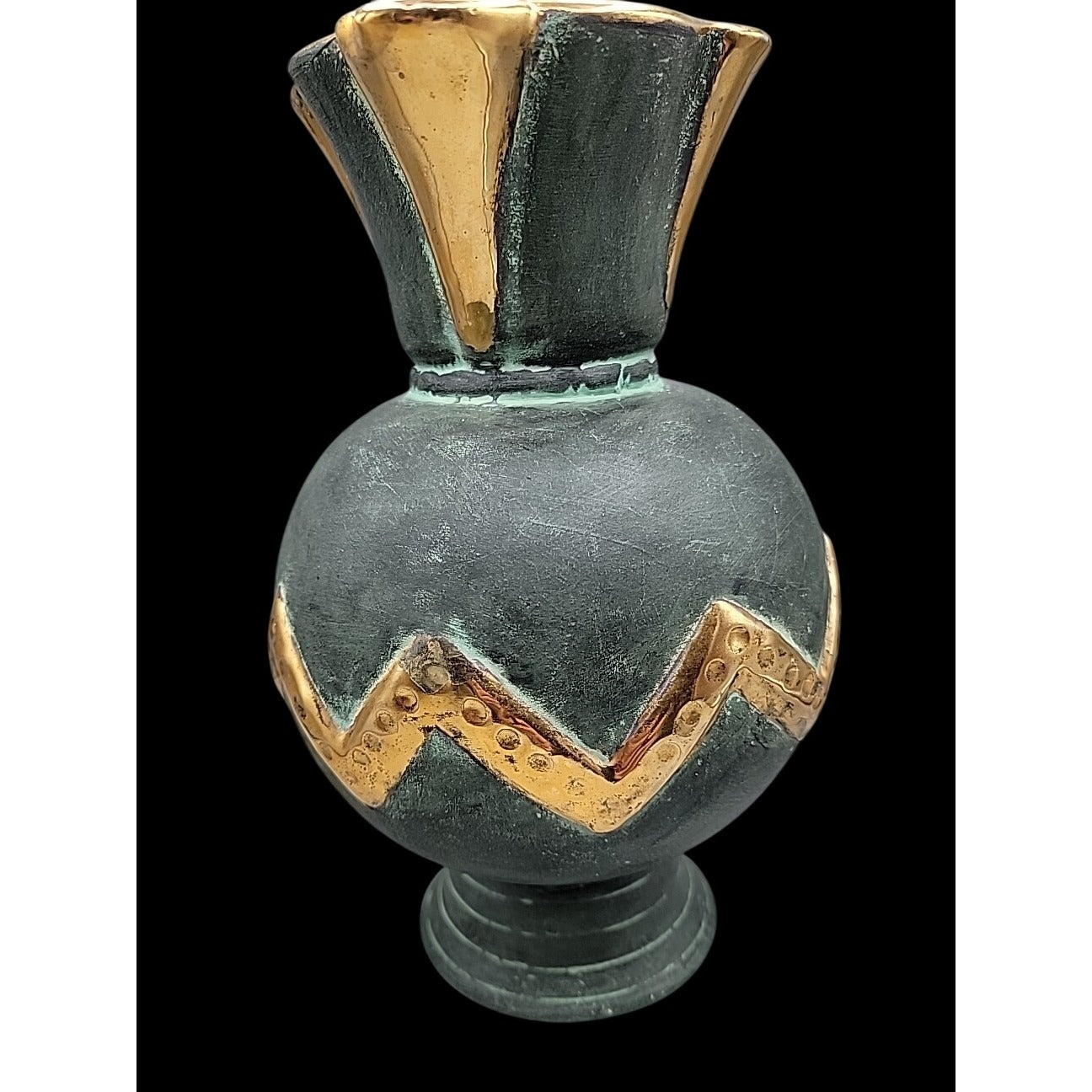 Vtg Stewarts Spain Art Pottery Pitcher Vase Verdigris Green Gold Geometric N1