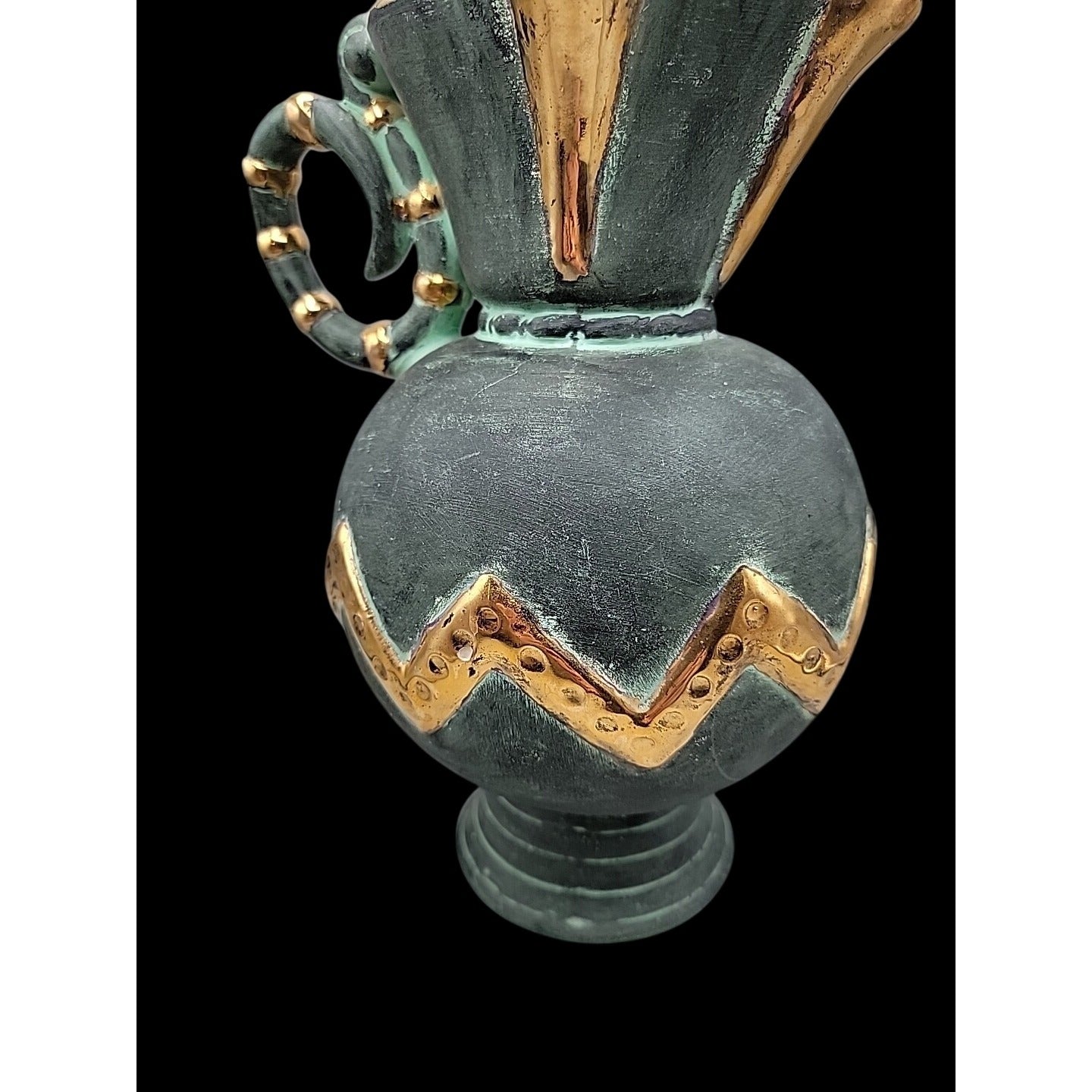 Vtg Stewarts Spain Art Pottery Pitcher Vase Verdigris Green Gold Geometric N1