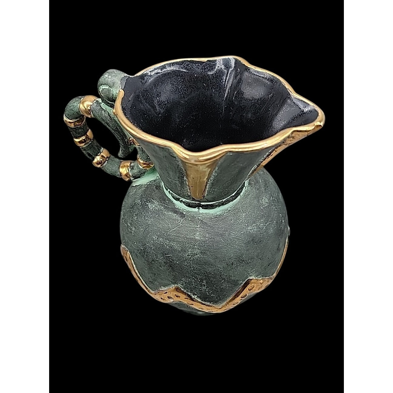 Vtg Stewarts Spain Art Pottery Pitcher Vase Verdigris Green Gold Geometric N1