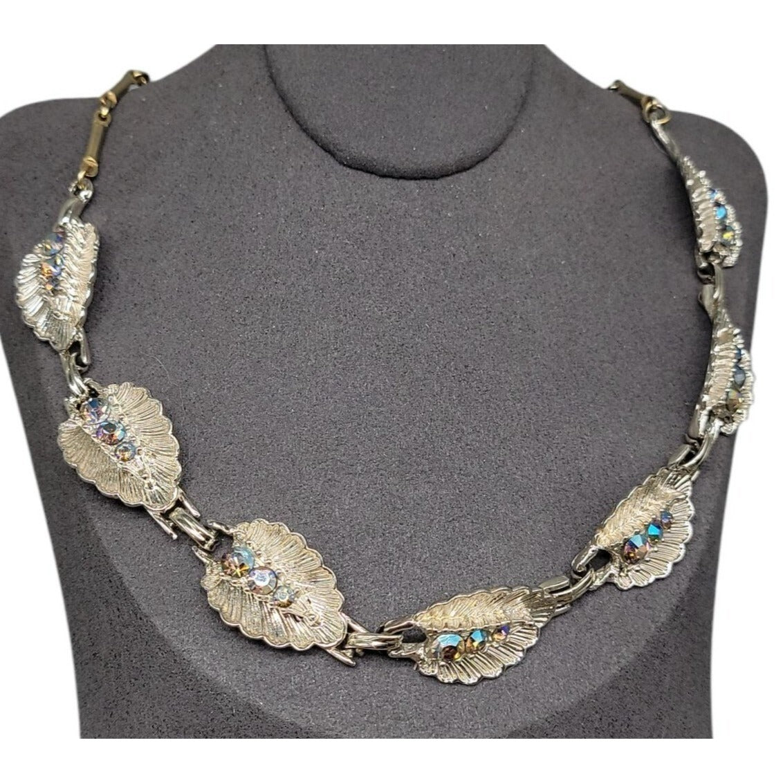 Vintage Princess Pride Creations Leaf Necklace AB Rhinestones Silver Tone 18"