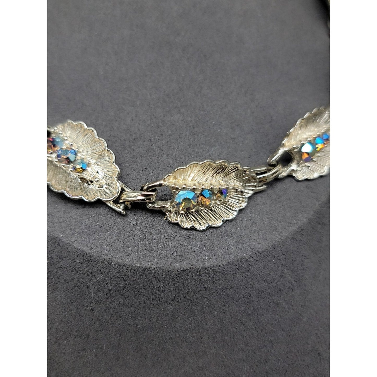 Vintage Princess Pride Creations Leaf Necklace AB Rhinestones Silver Tone 18"