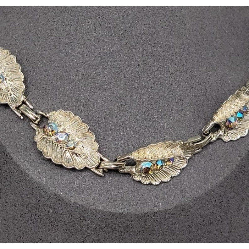 Vintage Princess Pride Creations Leaf Necklace AB Rhinestones Silver Tone 18"
