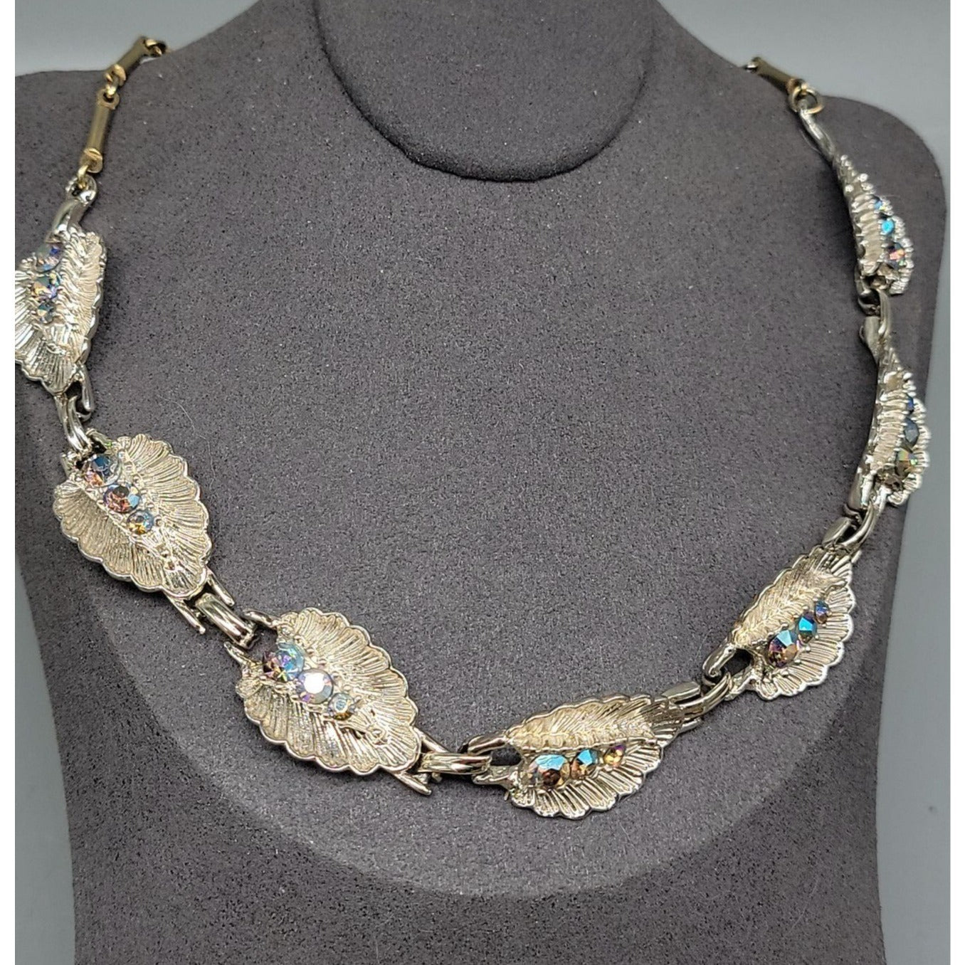 Vintage Princess Pride Creations Leaf Necklace AB Rhinestones Silver Tone 18"