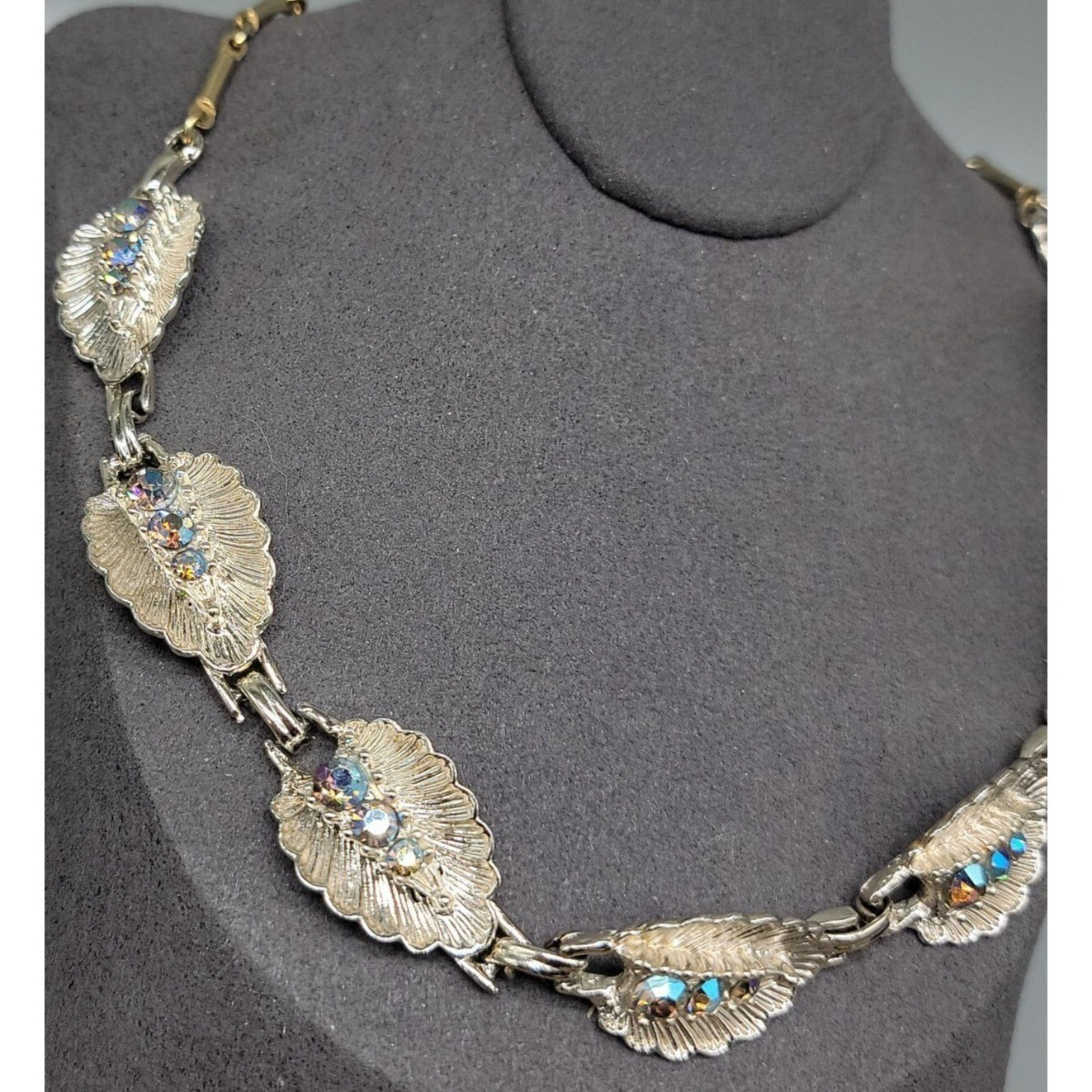 Vintage Princess Pride Creations Leaf Necklace AB Rhinestones Silver Tone 18"