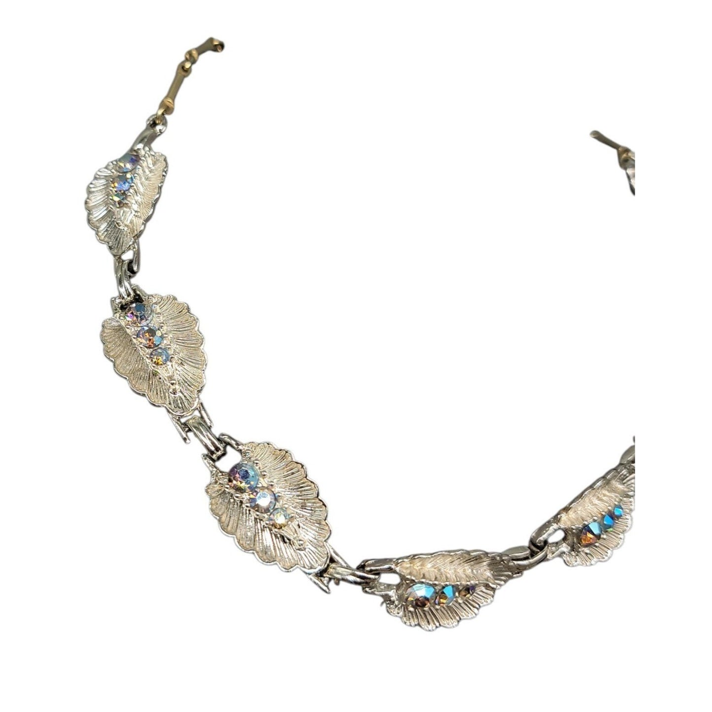 Vintage Princess Pride Creations Leaf Necklace AB Rhinestones Silver Tone 18"