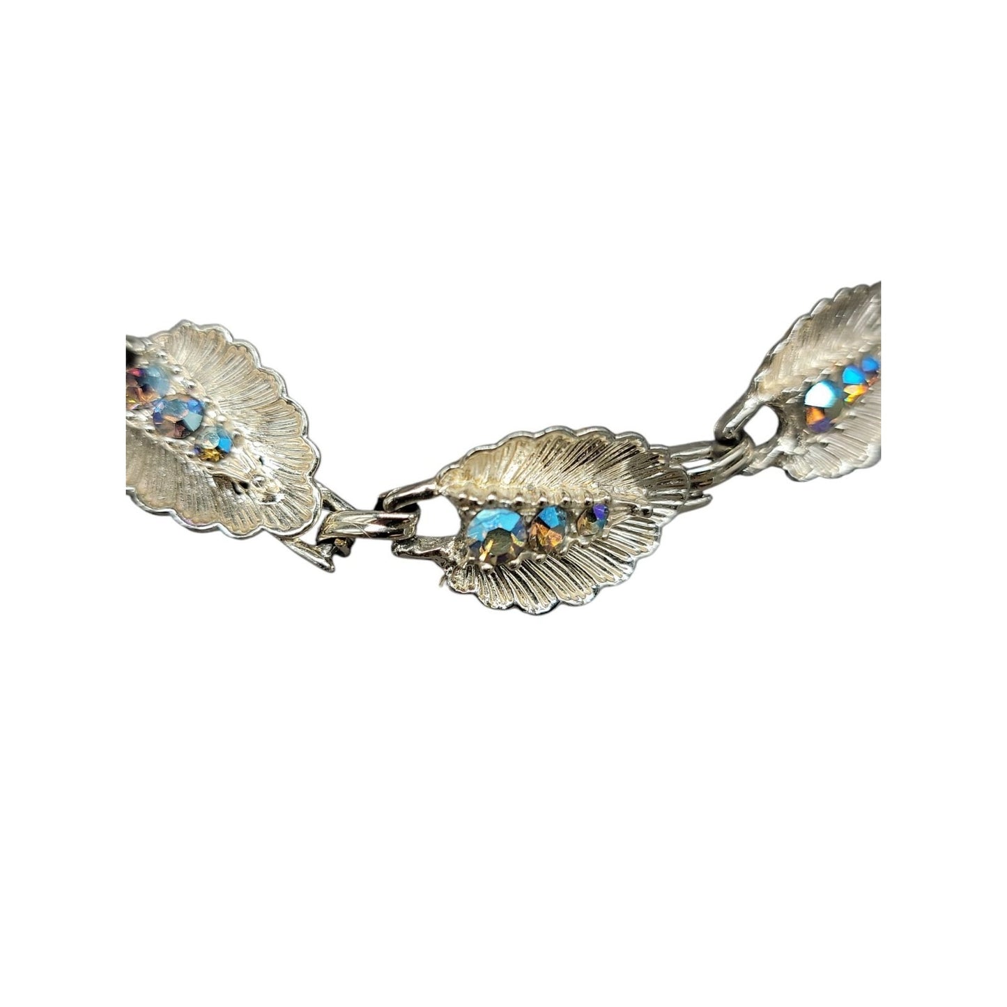 Vintage Princess Pride Creations Leaf Necklace AB Rhinestones Silver Tone 18"