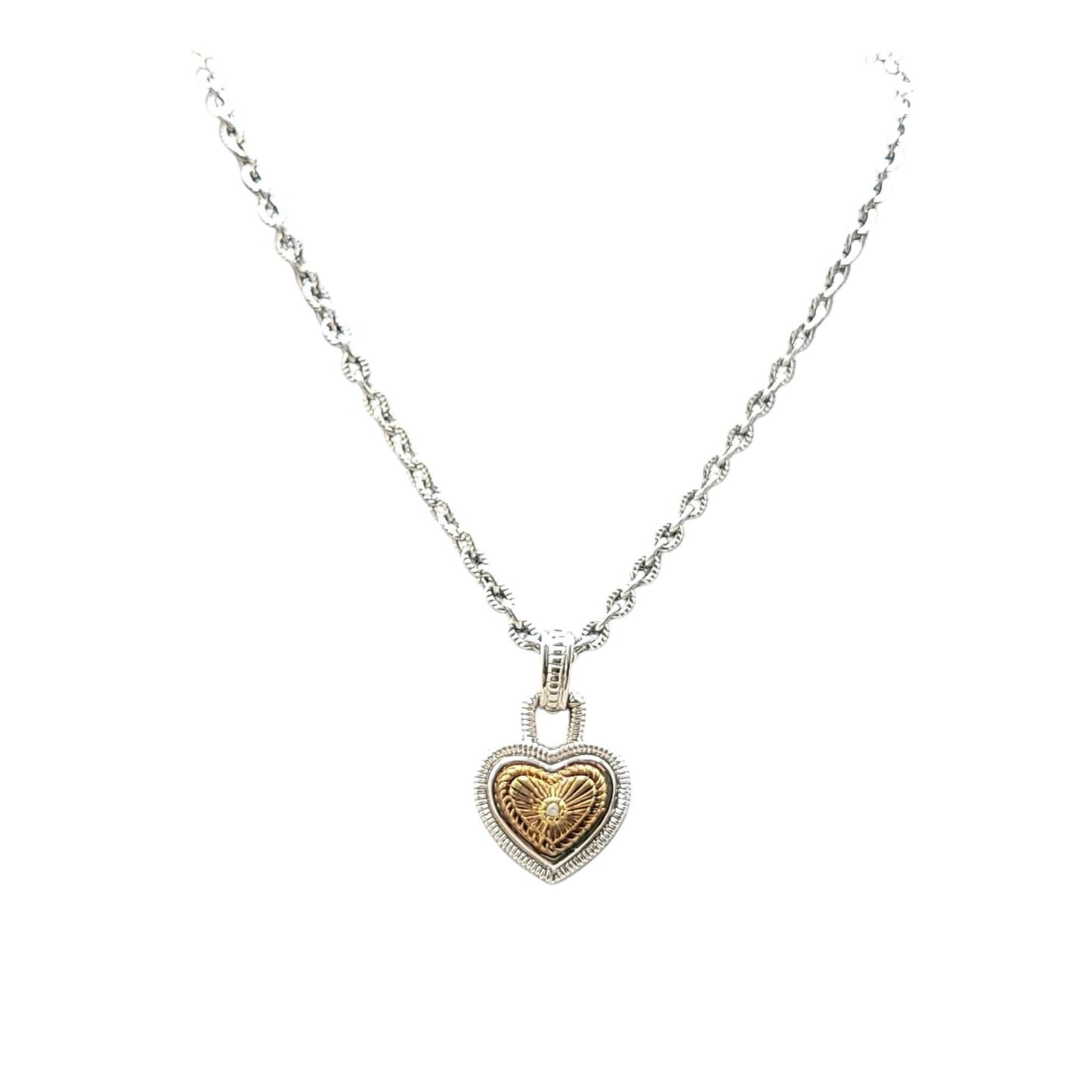 Vintage Diamonds International Two Tone Heart Pendant Necklace Silver Gold