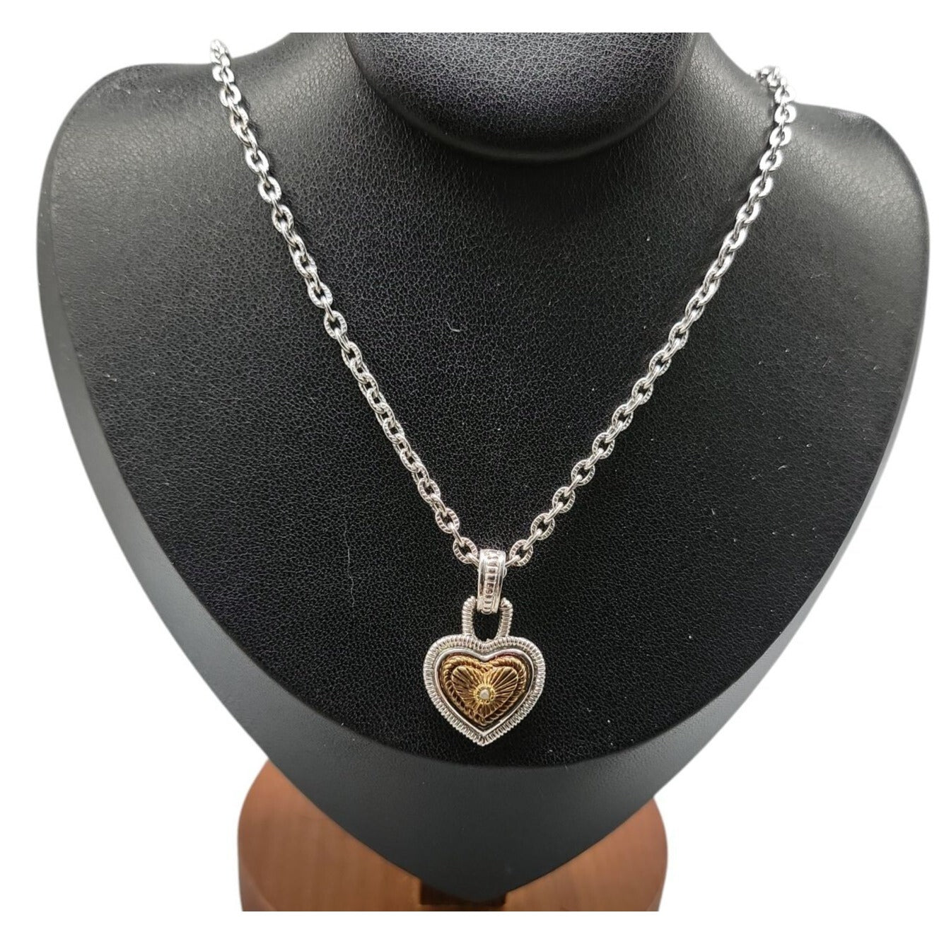 Vintage Diamonds International Two Tone Heart Pendant Necklace Silver Gold