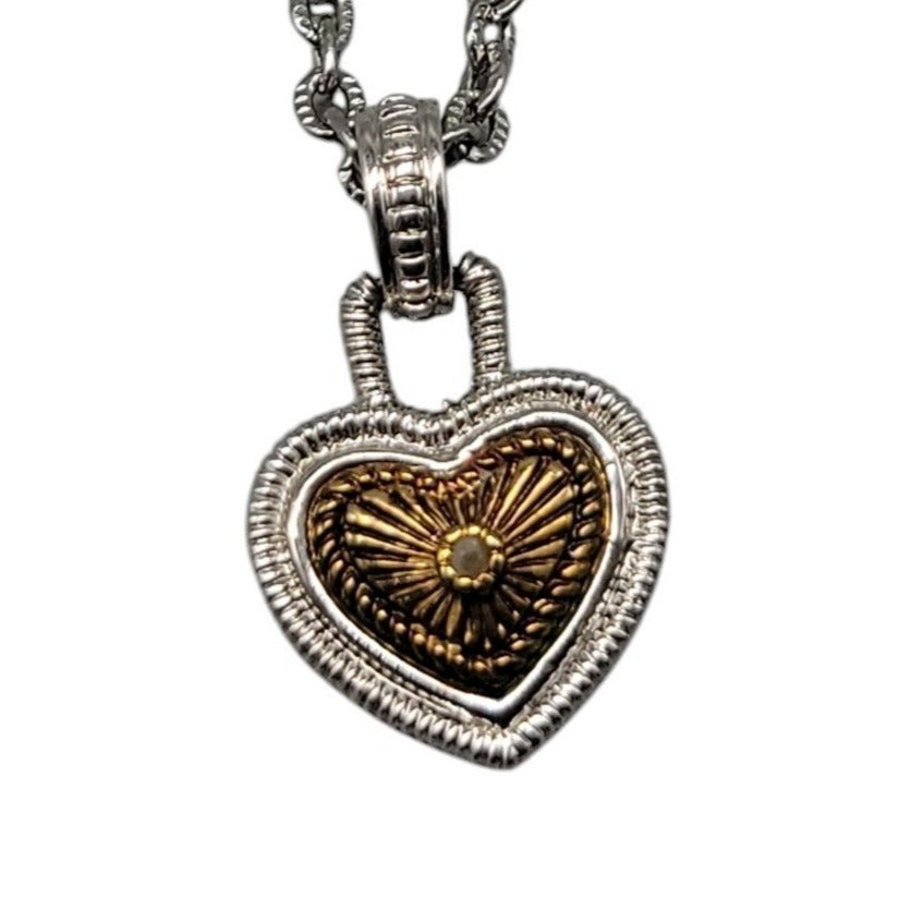 Vintage Diamonds International Two Tone Heart Pendant Necklace Silver Gold
