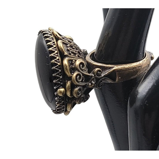 Lucky Brand Ring Faux Onyx Large Cocktail Black Agate Antiqued Gold Tone Size 6