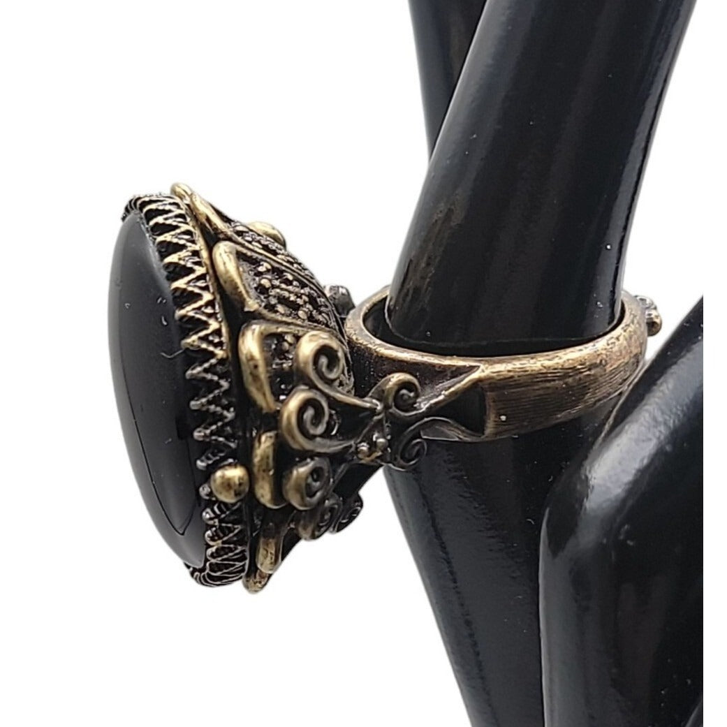Lucky Brand Ring Faux Onyx Large Cocktail Black Agate Antiqued Gold Tone Size 6