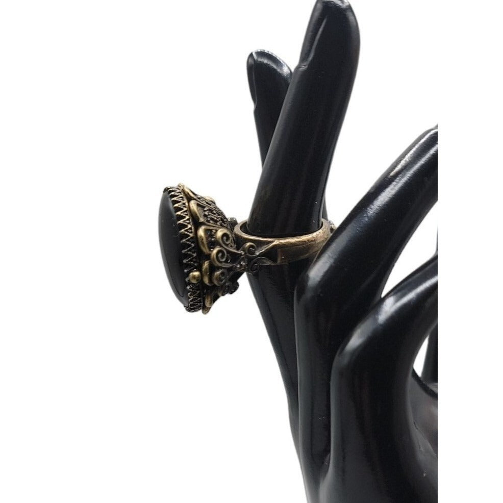 Lucky Brand Ring Faux Onyx Large Cocktail Black Agate Antiqued Gold Tone Size 6
