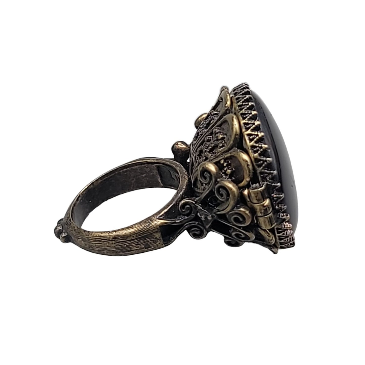 Lucky Brand Ring Faux Onyx Large Cocktail Black Agate Antiqued Gold Tone Size 6